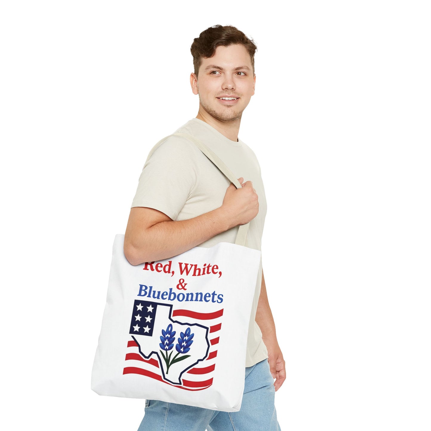 Texas Patriot Tote Bag, Red White and Bluebonnets, Independence Day Accessory, Summer Travel Bag, Gift for Texans, Stylish Grocery Tote