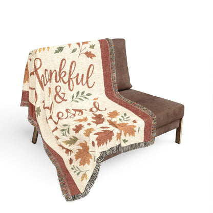 Cozy Woven Blanket, Thankful & Blessed Throw, Autumn Home Decor, Gift for Thanksgiving, Boho Style Blanket, Cozy Living Room Accessory