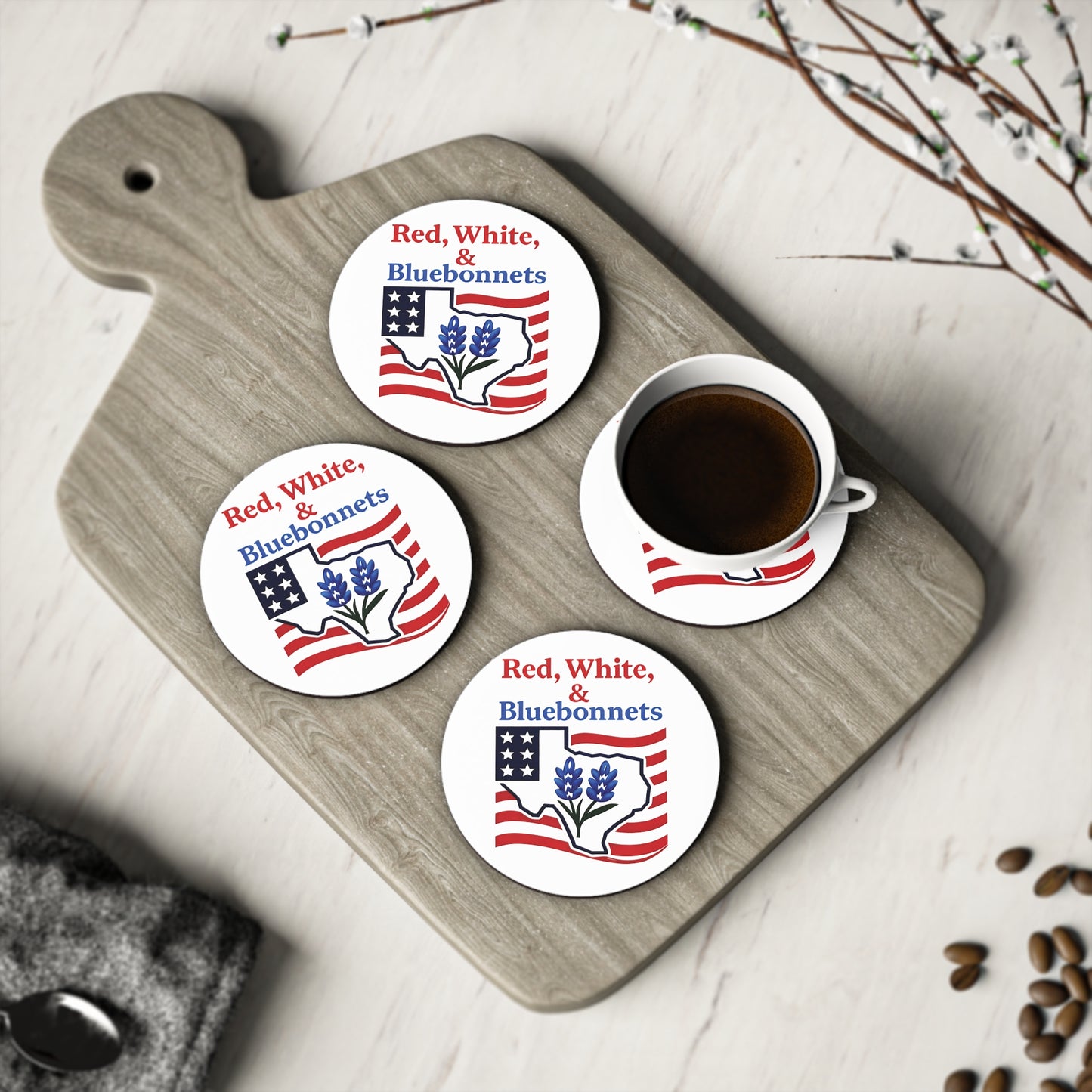 Patriotic Coasters, Independence Day Drink Coasters, Red White Bluebonnets Texas Theme Coasters, USA Flag Coaster Set, July 4th Decor