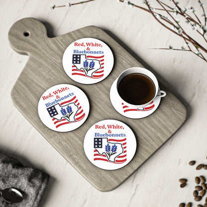 Patriotic Coasters, Independence Day Drink Coasters, Red White Bluebonnets Texas Theme Coasters, USA Flag Coaster Set, July 4th Decor