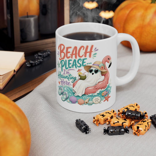 Beach Please Flamingo Mug | Tropical Seashell Vacation Coffee Cup