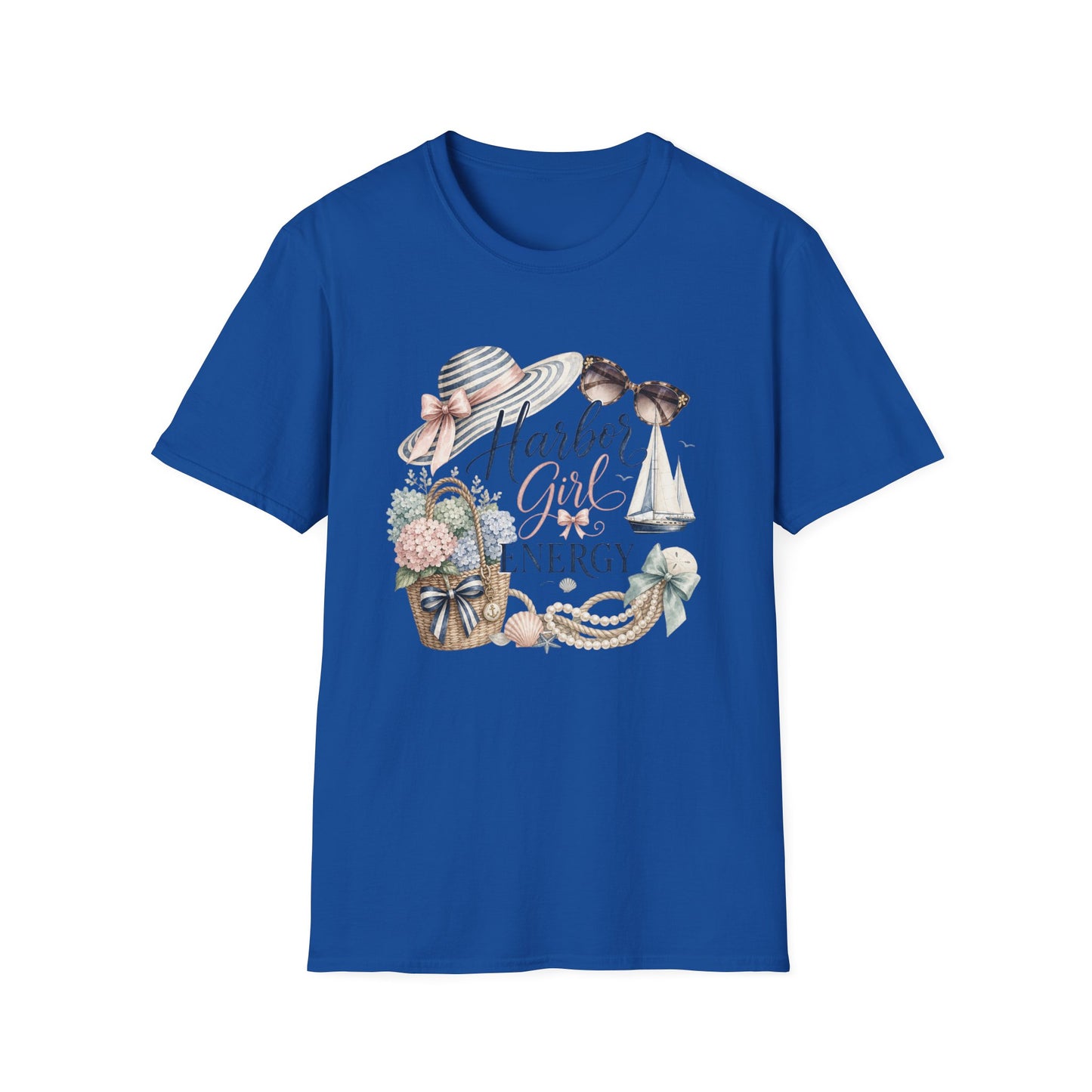 Harbor Girl illustration T-Shirt | Nautical hat, sailboat, seashells