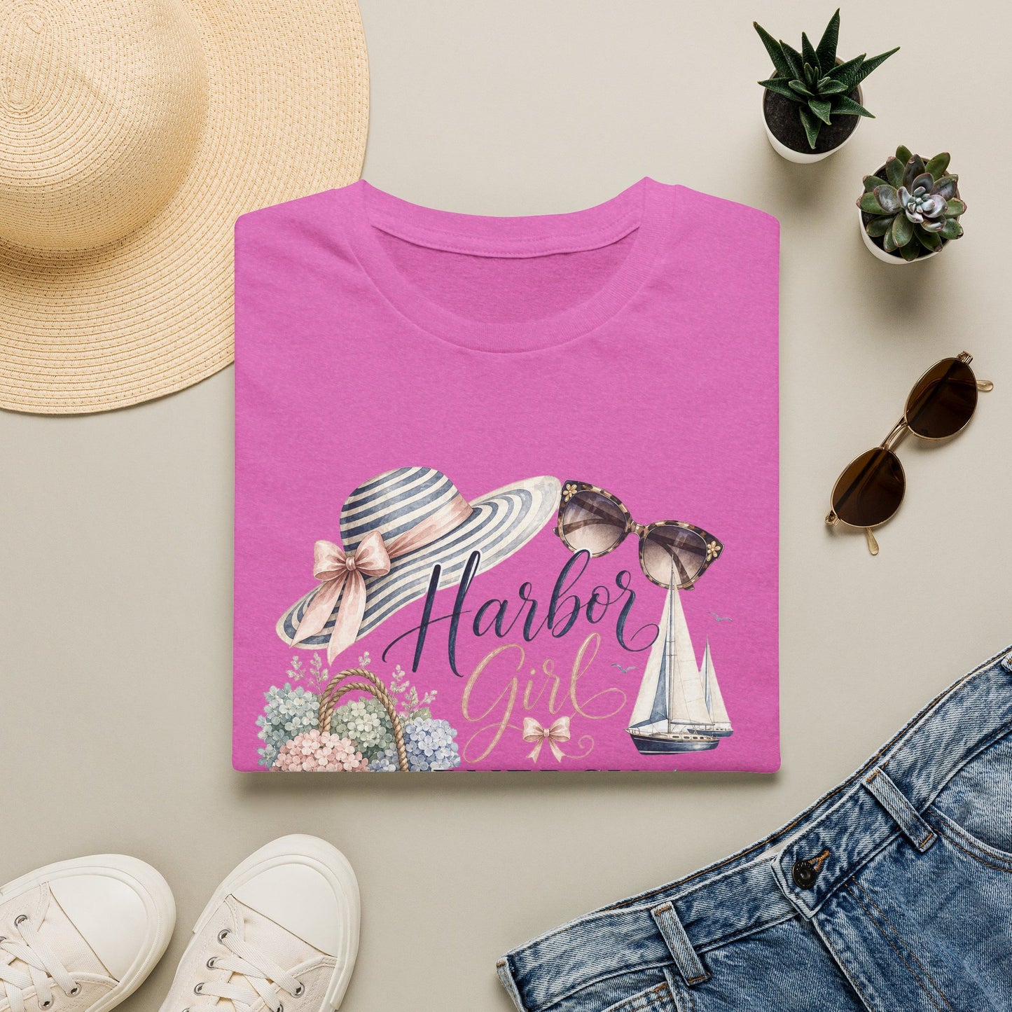 Harbor Girl illustration T-Shirt | Nautical hat, sailboat, seashells