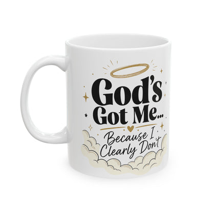 God's Got Me Mug | Religious Christian Coffee Cup with Halo & Clouds