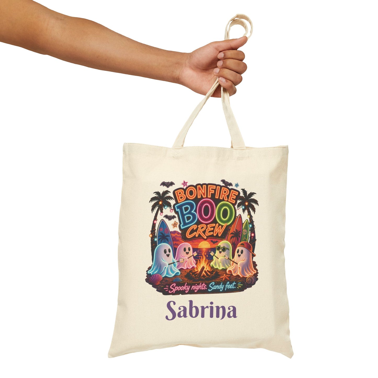Bonfire Boo Crew Tote Bag | Halloween ghosts, campfire spooky beach design