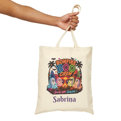 Bonfire Boo Crew Tote Bag | Halloween ghosts, campfire spooky beach design