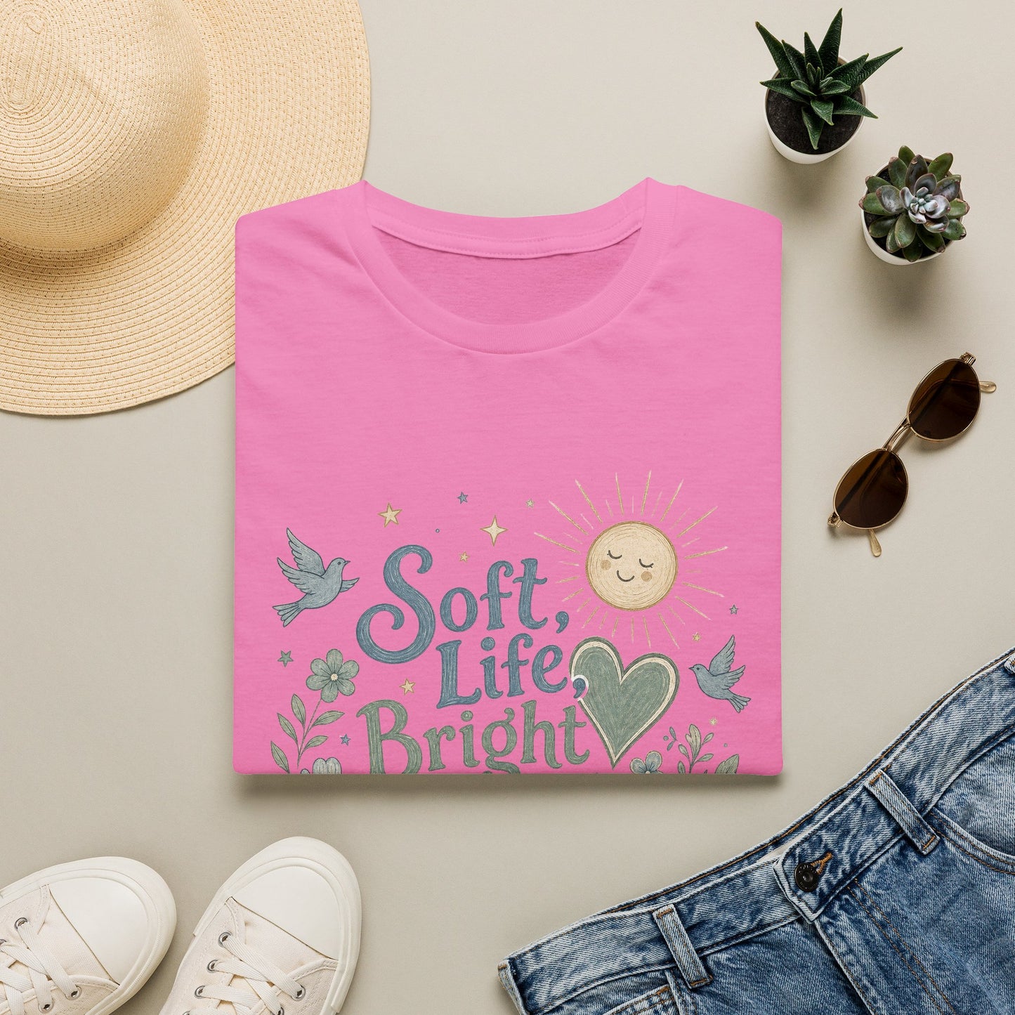 Soft Life Bright Heart T-Shirt | sun, doves, floral graphic