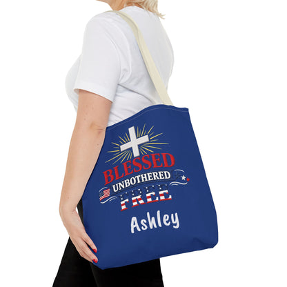 Blessed Unbothered Free Cross tote bag | patriotic faith design