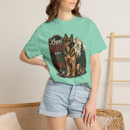 Loyal Hearts Have Four Paws German Shepherd T-shirt | Mountain Forest Dog Design
