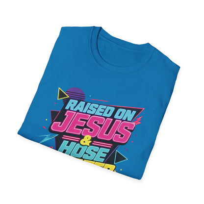 Raised on Jesus & Hose Water T-Shirt | Retro Neon Christian Faith Graphic