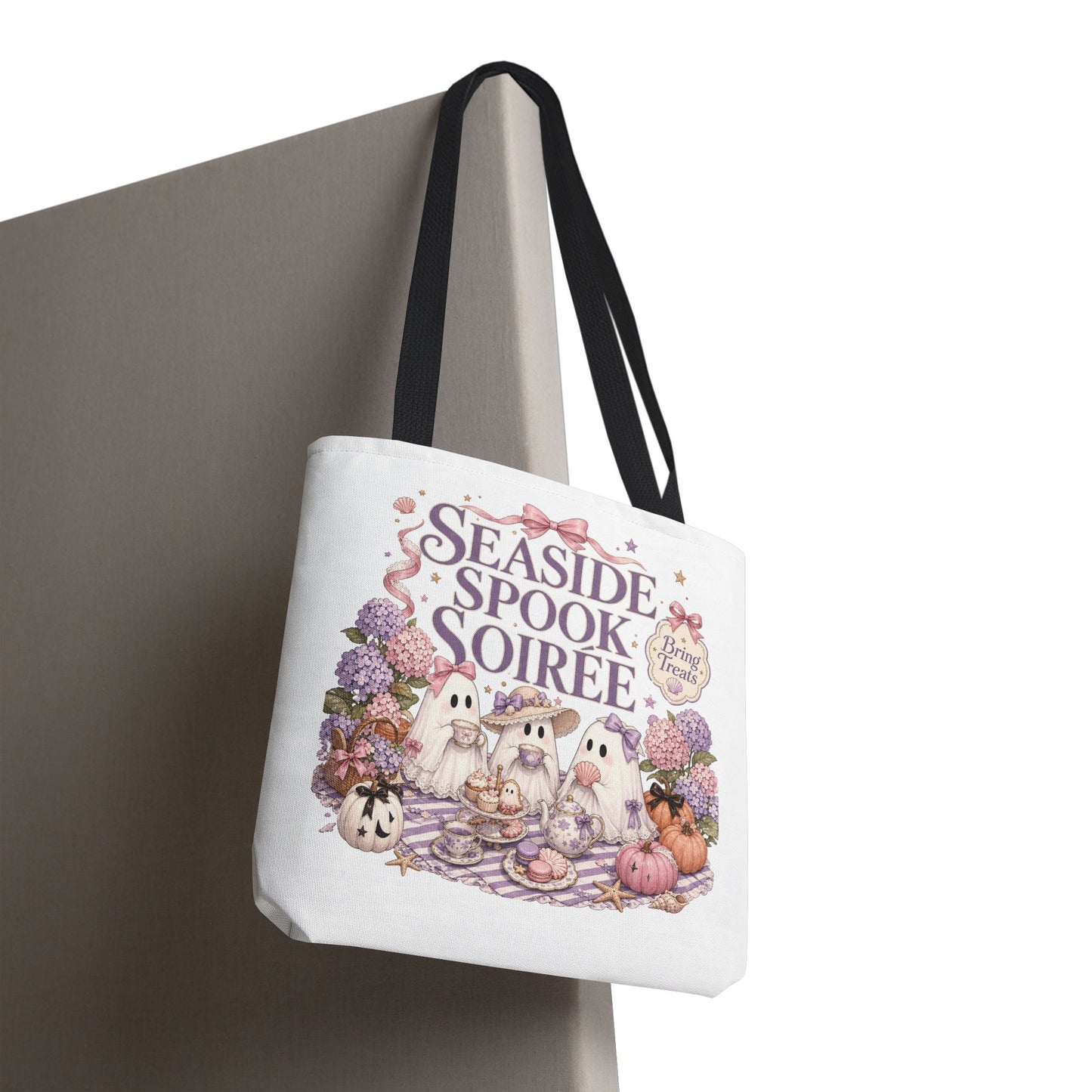 Seaside Spook Soiree Tote Bag | Halloween Ghost Picnic Illustration