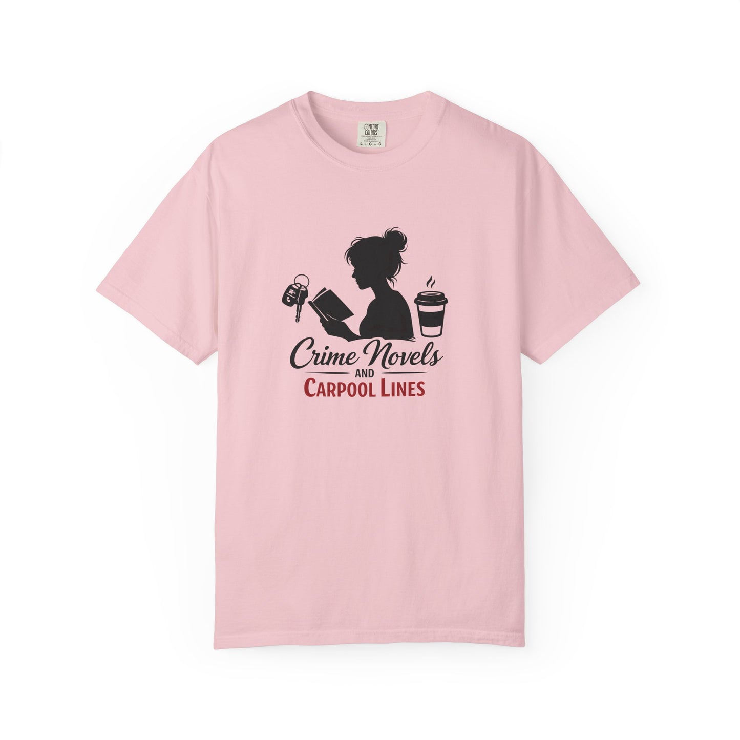 Crime Novels and Carpool Lines T-shirt | Reading Mom Silhouette, Coffee Graphic