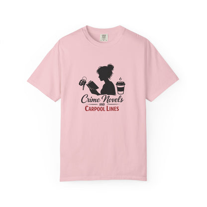 Crime Novels and Carpool Lines T-shirt | Reading Mom Silhouette, Coffee Graphic