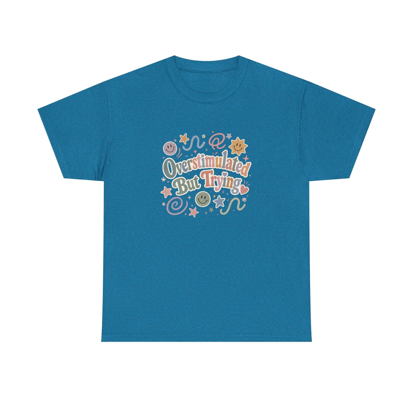 Overstimulated But Trying tee | Funny Mental Health Shirt, Cute Retro Doodles