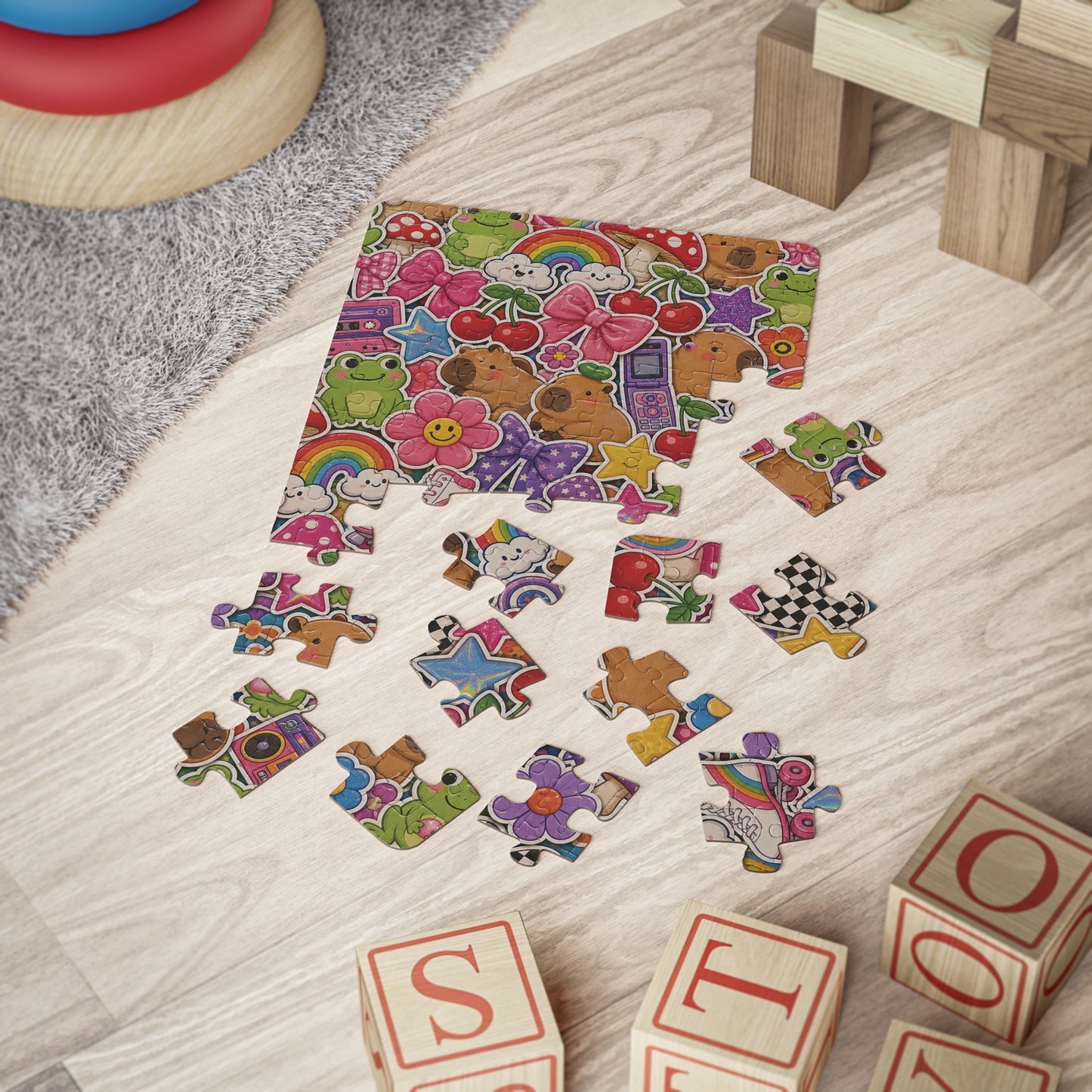 Retro Kawaii Sticker Bomb Kids' Puzzle 30-Piece | Colorful Animals, Rainbows