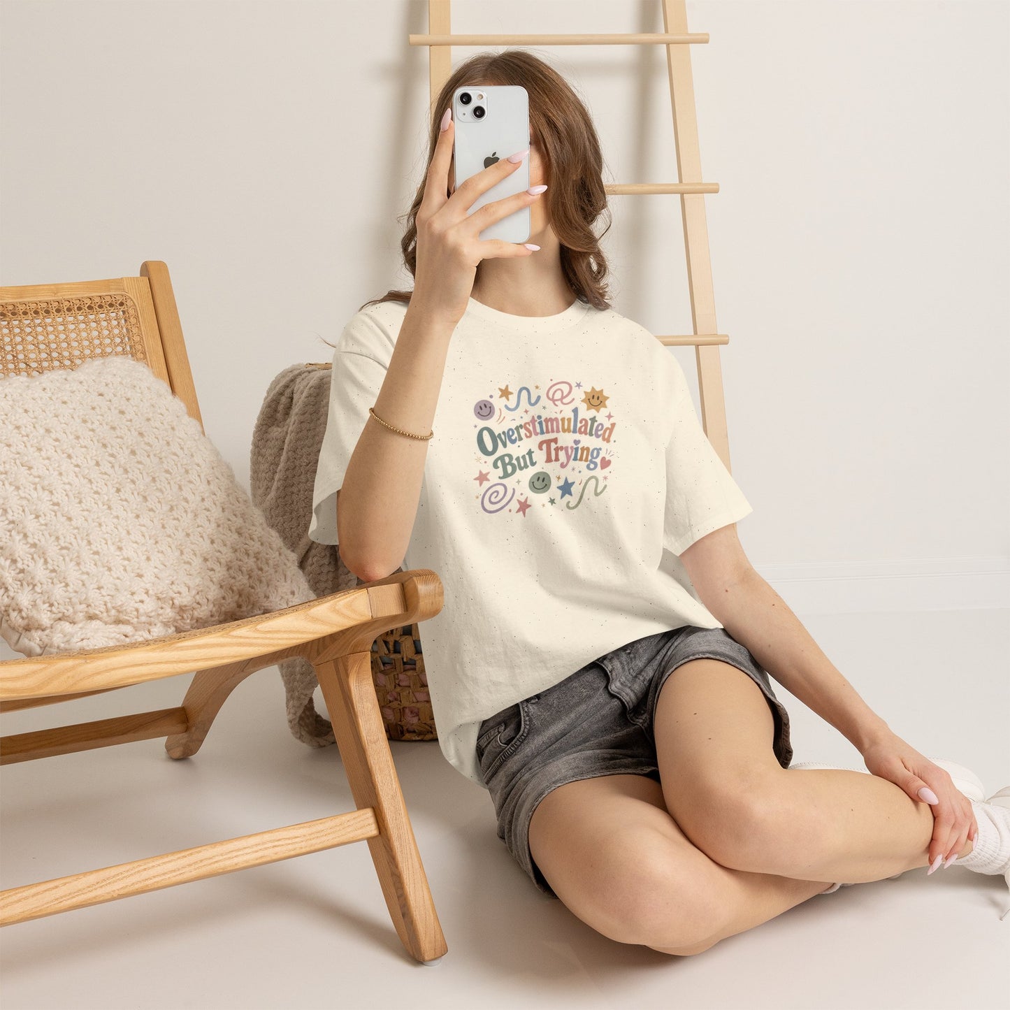 Overstimulated But Trying tee | Funny Mental Health Shirt, Cute Retro Doodles