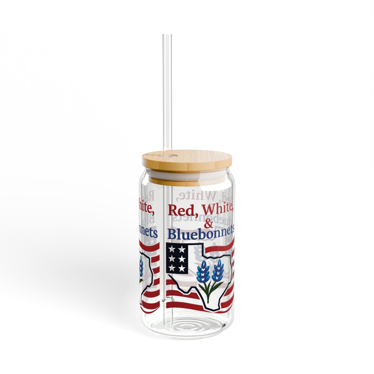 Sipper Glass, 16oz - Texas Theme Patriotic Bluebonnets, Texas Souvenir Cup, Lone Star State Gift, USA Flag Drinkware, America Independence