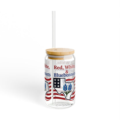 Sipper Glass, 16oz - Texas Theme Patriotic Bluebonnets, Texas Souvenir Cup, Lone Star State Gift, USA Flag Drinkware, America Independence
