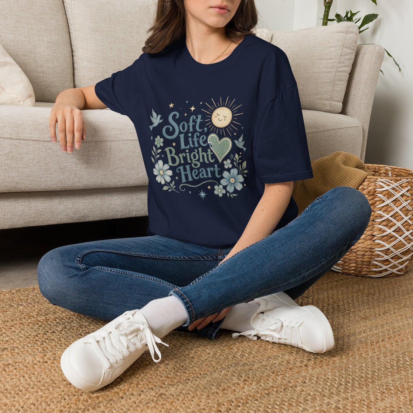 Soft Life Bright Heart T-Shirt | sun, doves, floral graphic