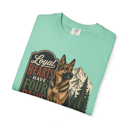 Loyal Hearts Have Four Paws German Shepherd T-shirt | Mountain Forest Dog Design