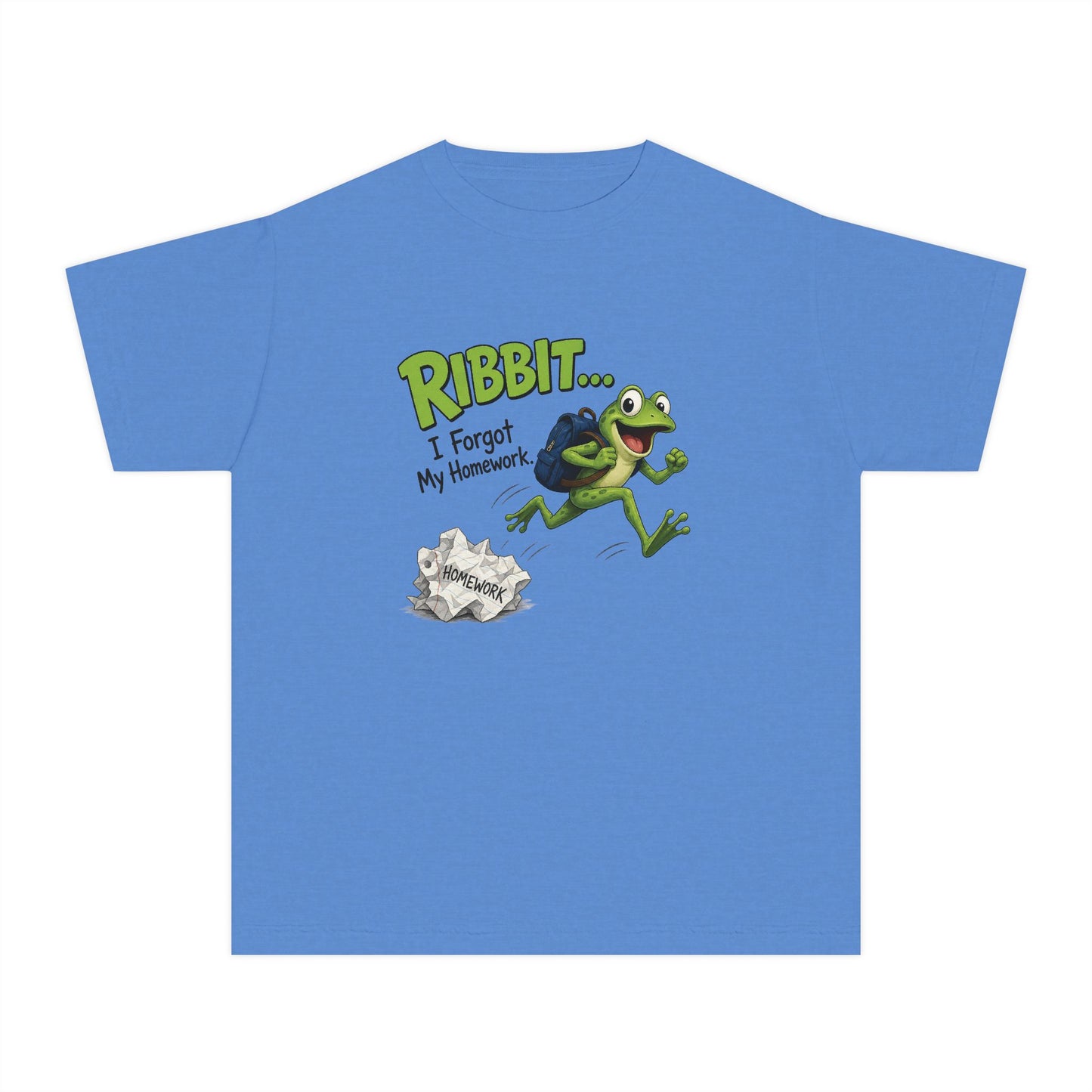 Ribbit Frog Character Youth Tee | Funny Forgot My Homework Design