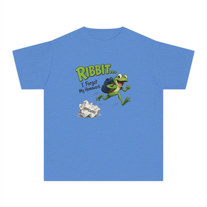 Ribbit Frog Character Youth Tee | Funny Forgot My Homework Design