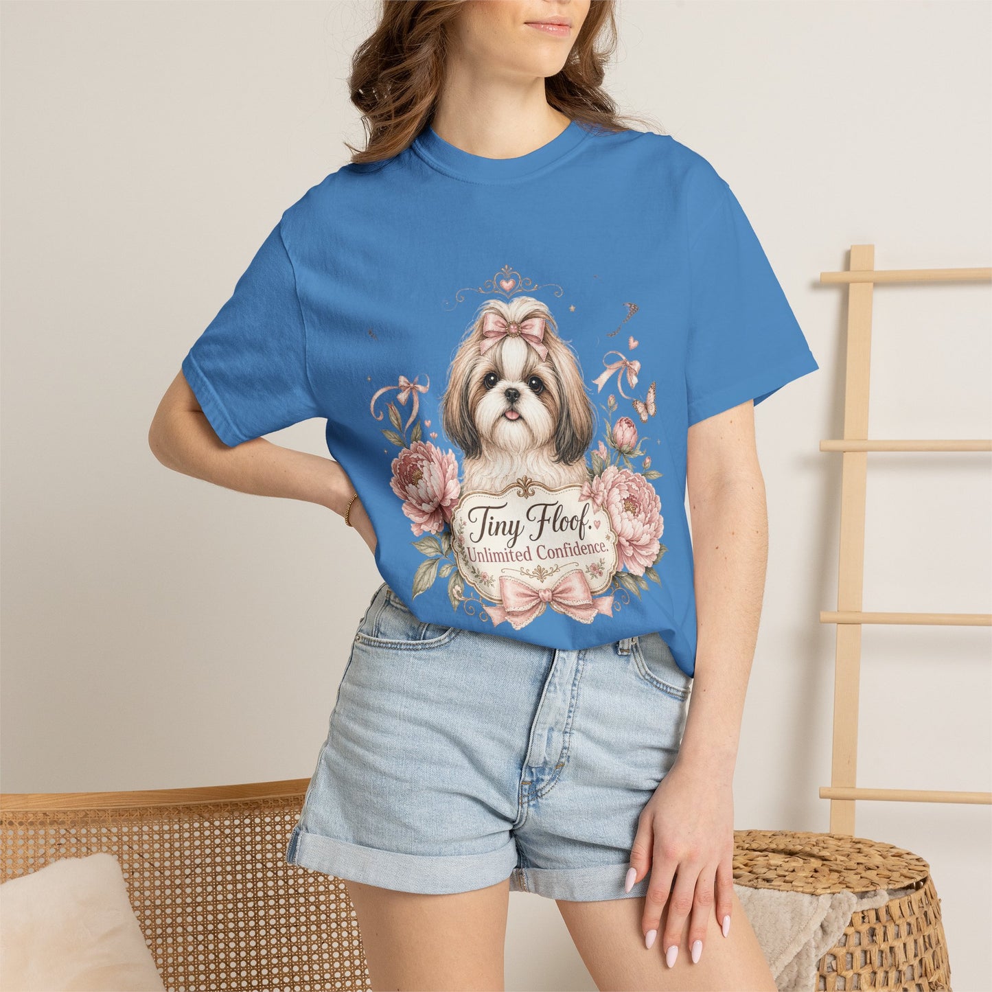 Shih Tzu Floral Portrait T-Shirt | Tiny Floof Illustration, Pink Roses