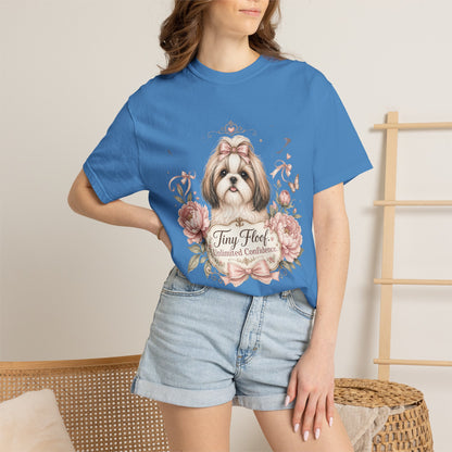 Shih Tzu Floral Portrait T-Shirt | Tiny Floof Illustration, Pink Roses