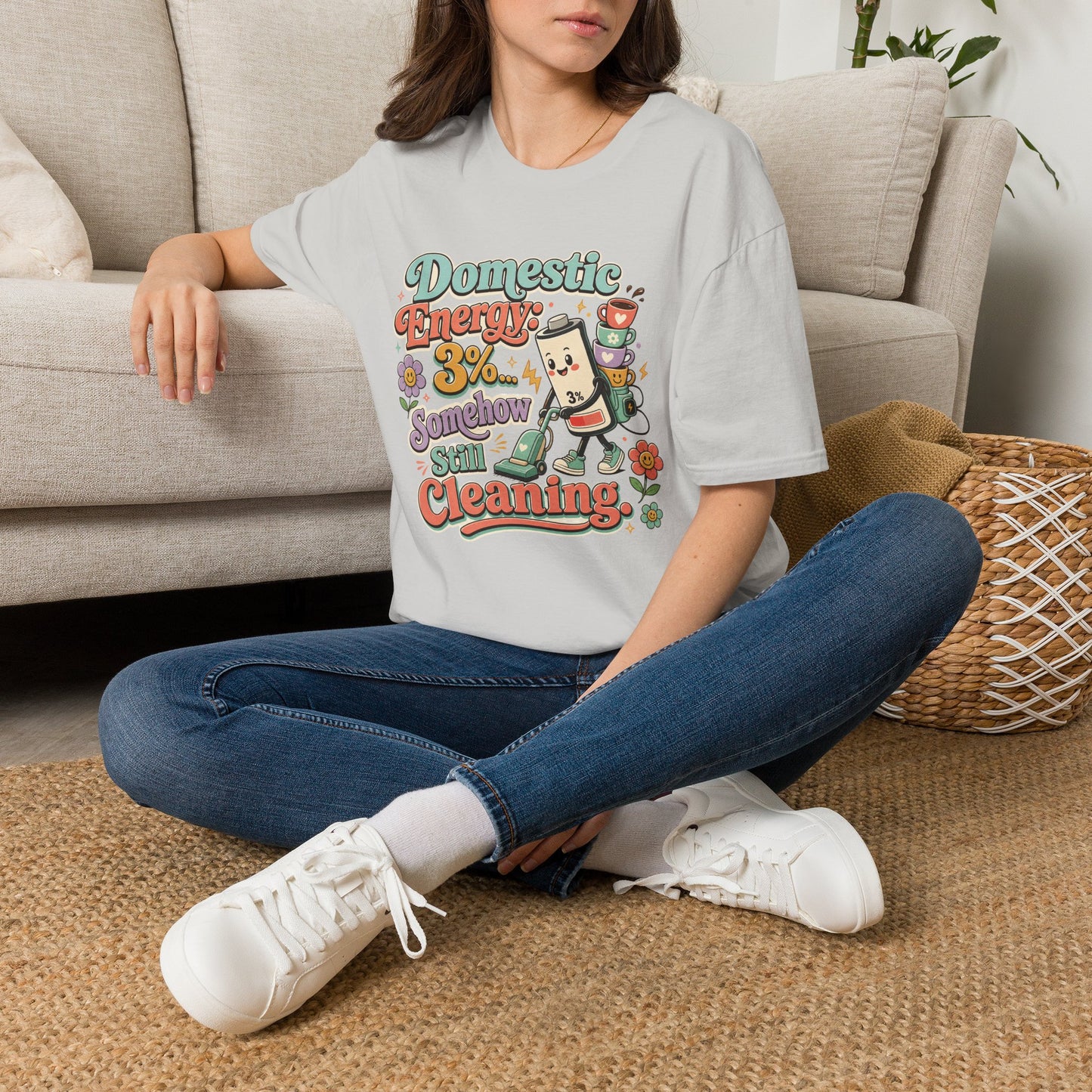 Domestic Energy 3% Somehow Still Cleaning T-Shirt | Cute Cleaning Coffee Can Cartoon