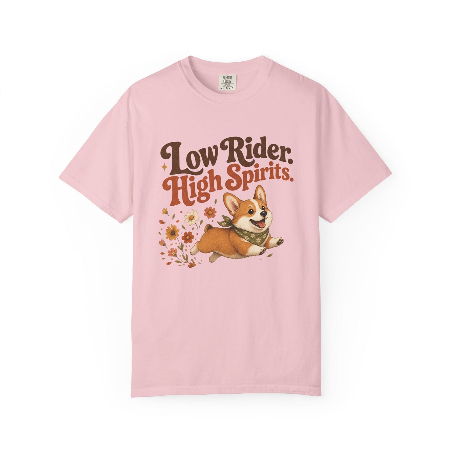 Low Rider High Spirits Corgi T-Shirt | Running Corgi Illustration, Autumn Leaves