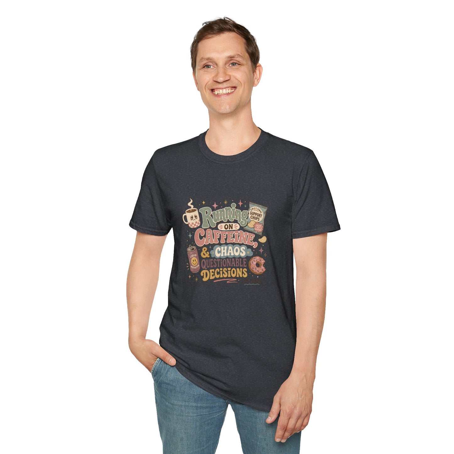 Running on Caffeine & Chaos T-Shirt | Coffee Mug Donut Illustration