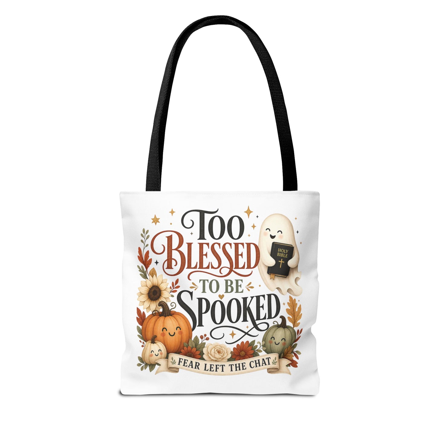 Too Blessed to Be Spooked Tote Bag | Halloween Pumpkin Ghost Fall Leaves