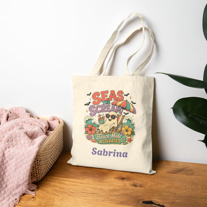 Seas the Scream beach pug illustration Tote Bag | personalized name option