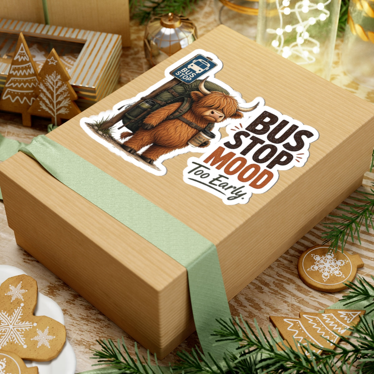 Bus Stop Mood Too Early Sticker | Highland Cow Sticker, Travel Coffee Decal