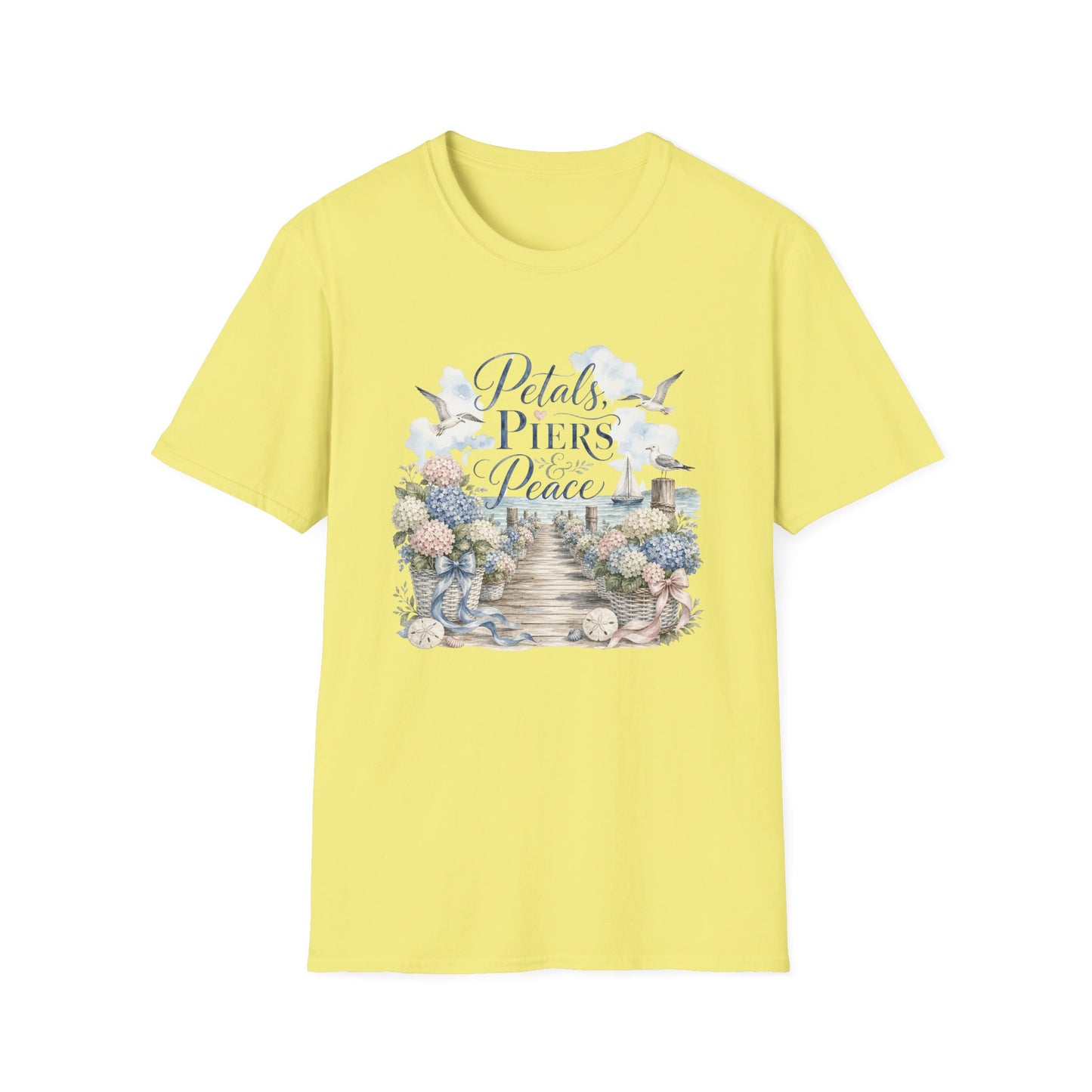 Petals Piers Peace T-Shirt | Coastal Lighthouse Floral Seagulls Design