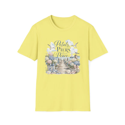 Petals Piers Peace T-Shirt | Coastal Lighthouse Floral Seagulls Design