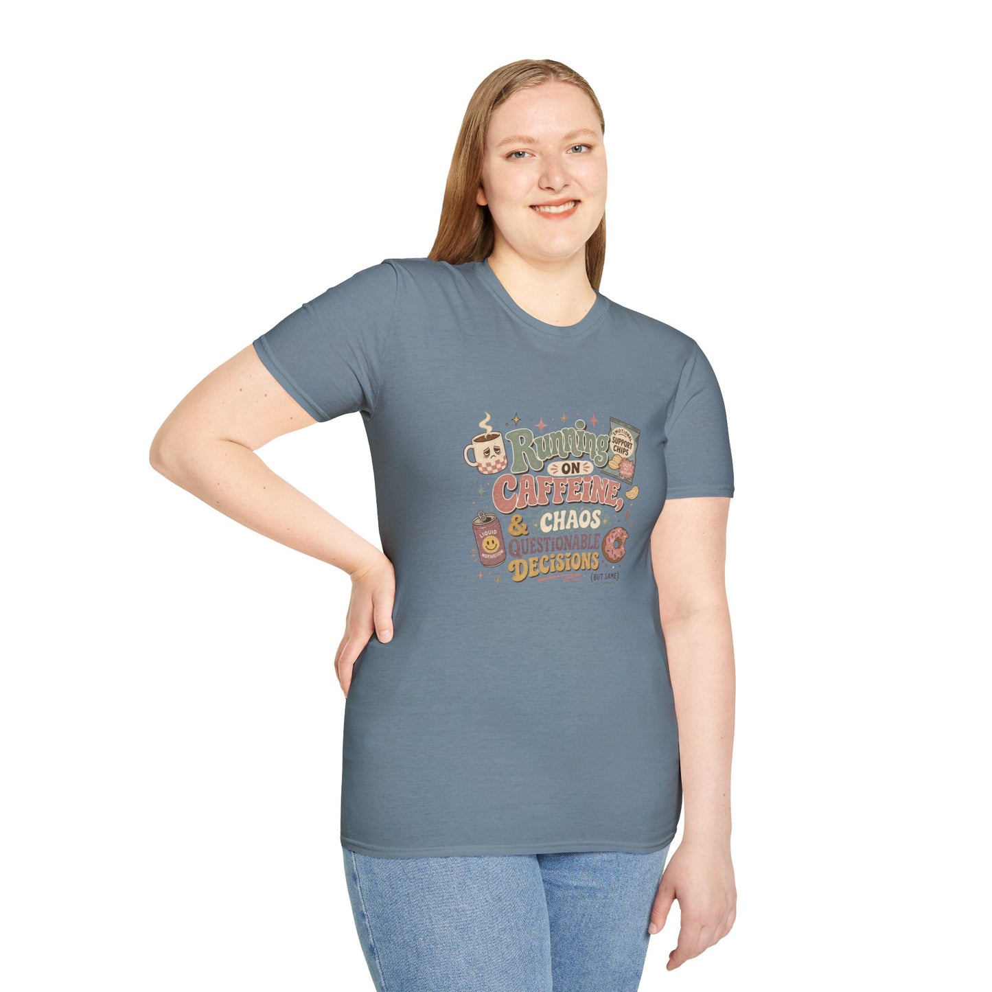 Running on Caffeine & Chaos T-Shirt | Coffee Mug Donut Illustration