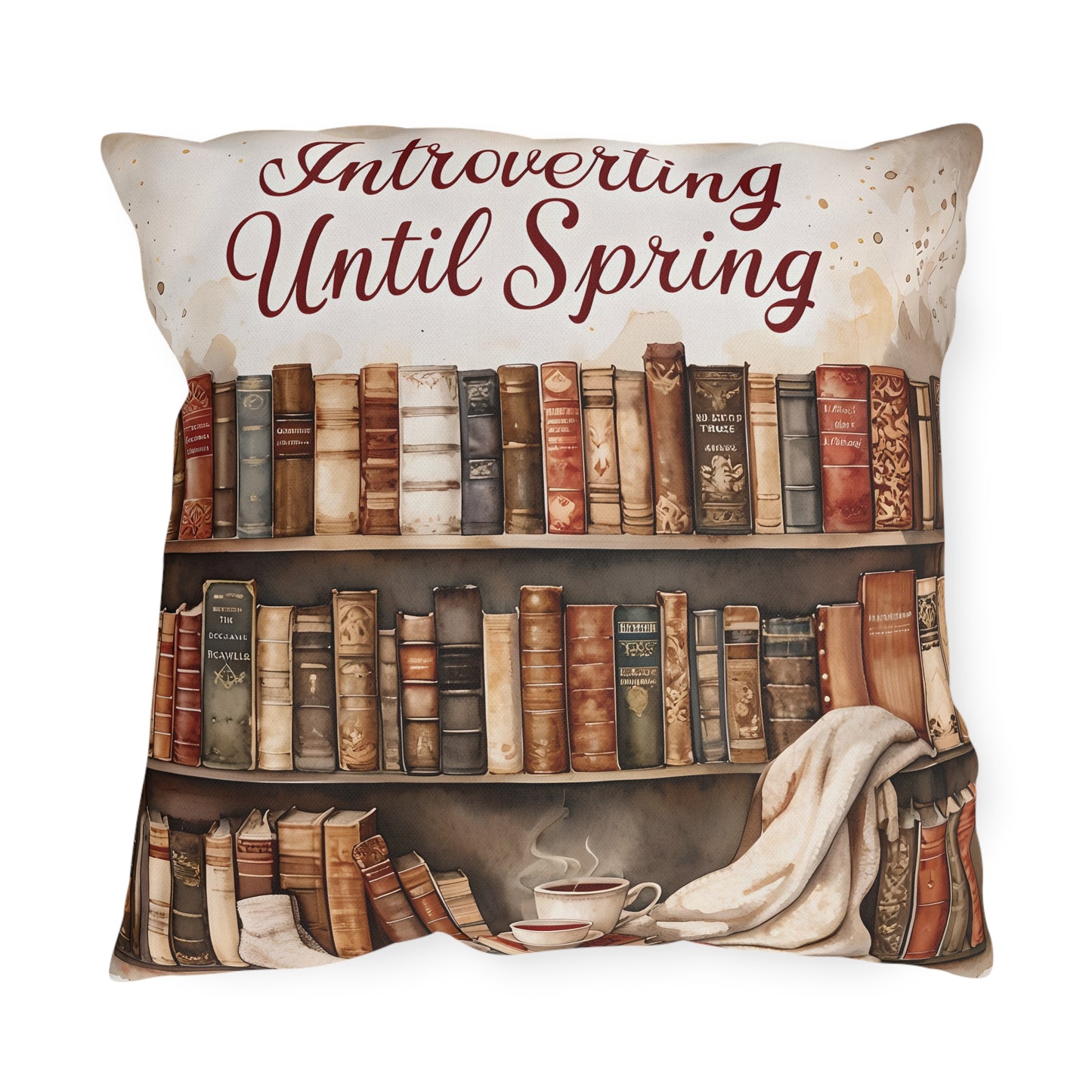 Introverting Until Spring Outdoor Pillow | Bookish Library Design, Cozy Reading Decor