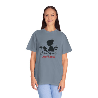 Crime Novels and Carpool Lines T-shirt | Reading Mom Silhouette, Coffee Graphic