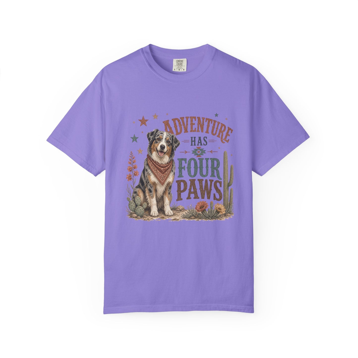 Adventure Has Four Paws T-Shirt | Australian Shepherd Design