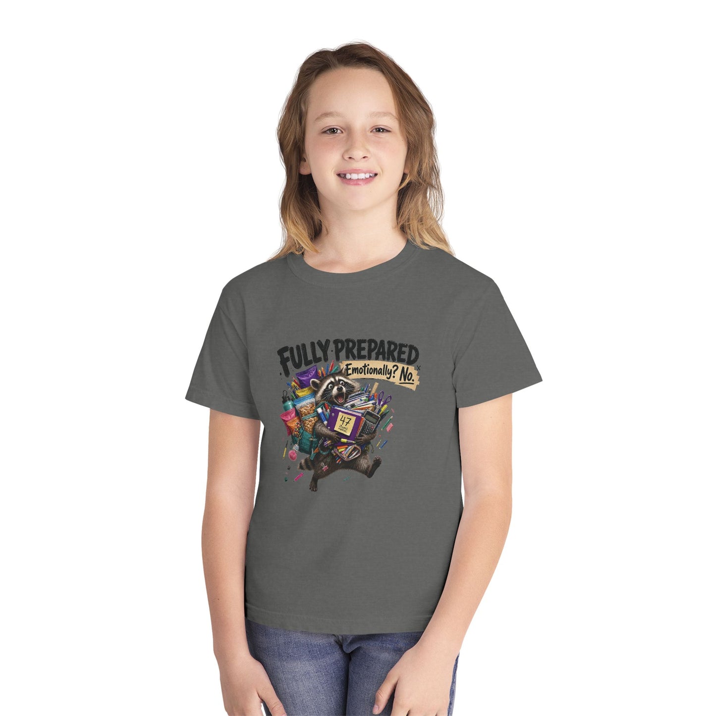 Fully Prepared Raccoon Supplies T-Shirt | Funny Back-to-School Kids Tee