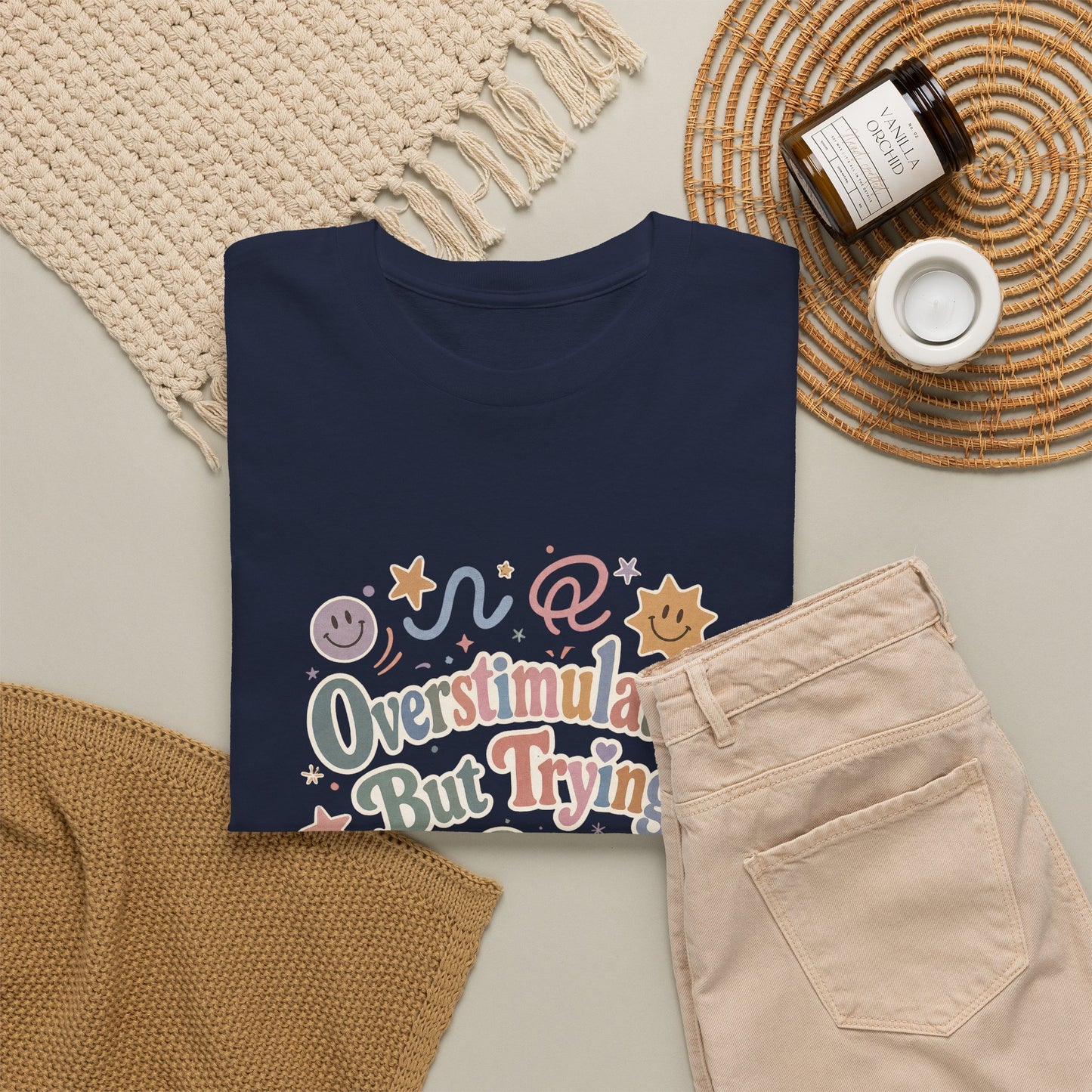 Overstimulated But Trying tee | Funny Mental Health Shirt, Cute Retro Doodles