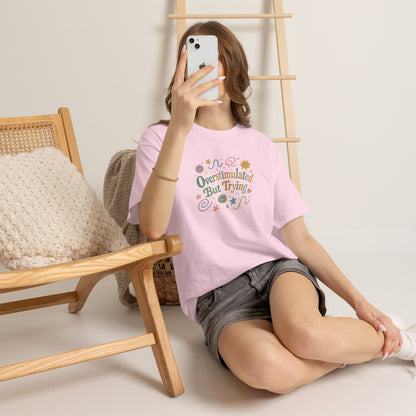 Overstimulated But Trying tee | Funny Mental Health Shirt, Cute Retro Doodles