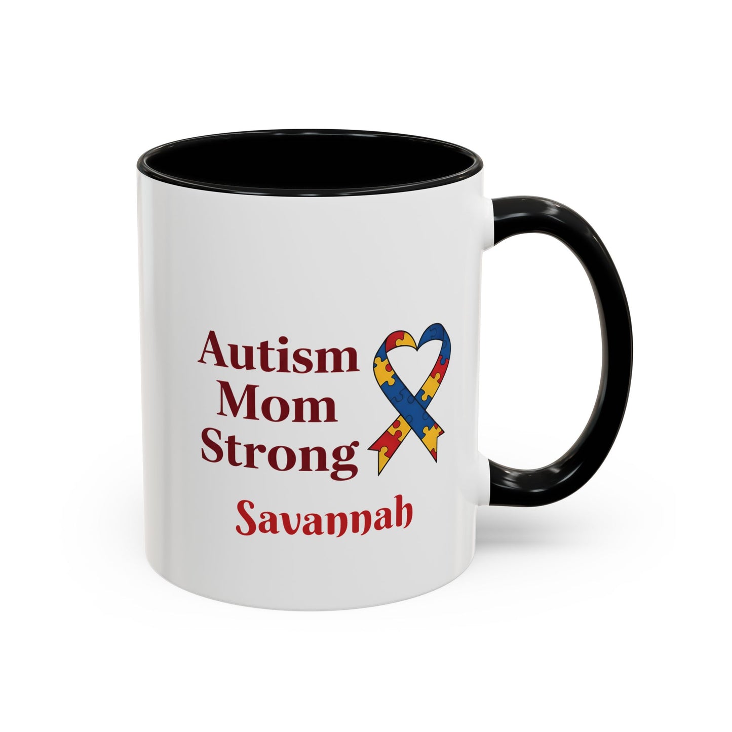 Autism Mom Strong mug | Accent Coffee Mug with Puzzle Ribbon