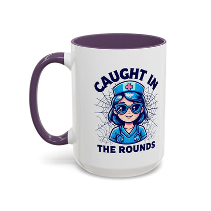 Nurse Coffee Mug, Cute Nursing Gift, Healthcare Appreciation, Fun Spider Design, Caught in the Rounds Mug