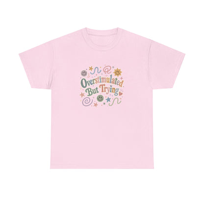 Overstimulated But Trying tee | Funny Mental Health Shirt, Cute Retro Doodles