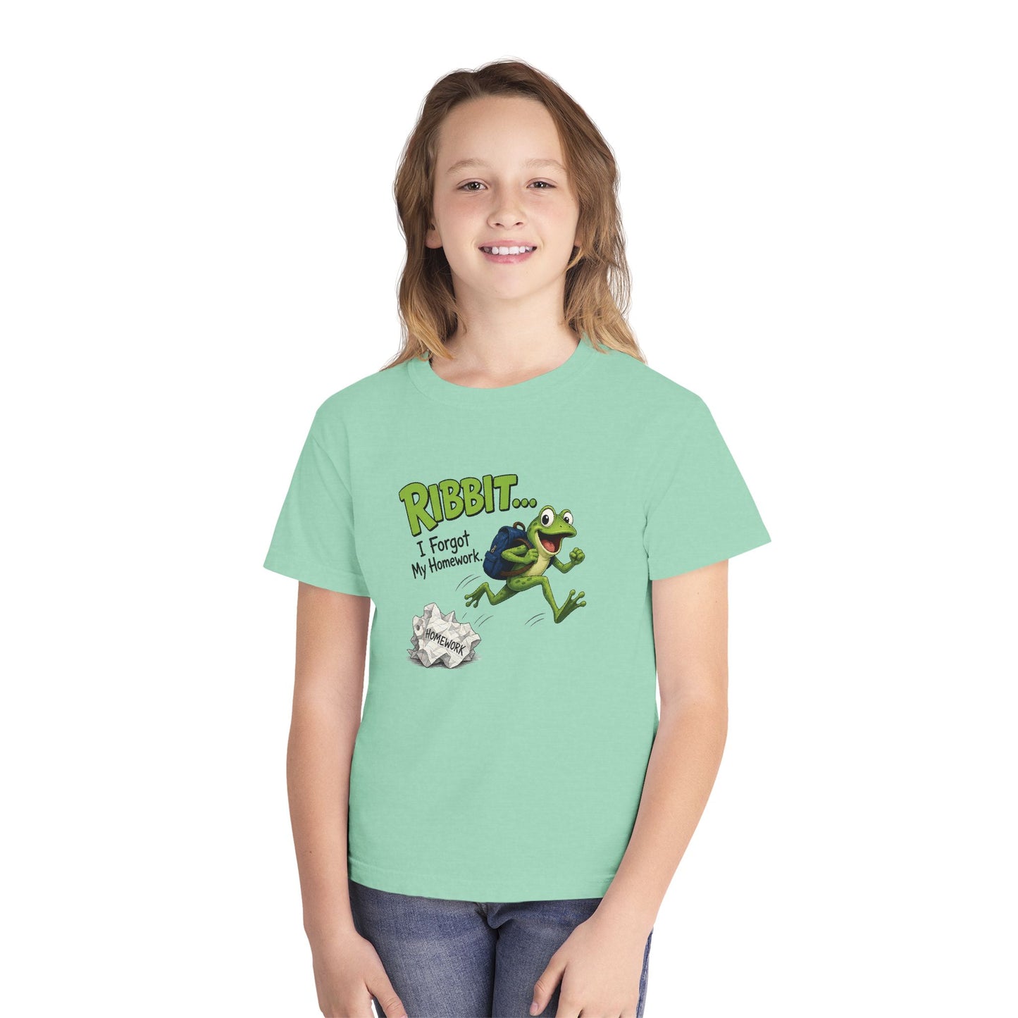 Ribbit Frog Character Youth Tee | Funny Forgot My Homework Design