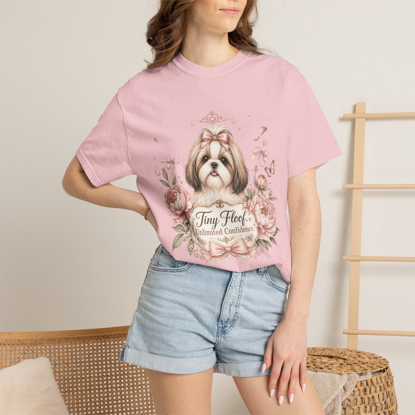 Shih Tzu Floral Portrait T-Shirt | Tiny Floof Illustration, Pink Roses