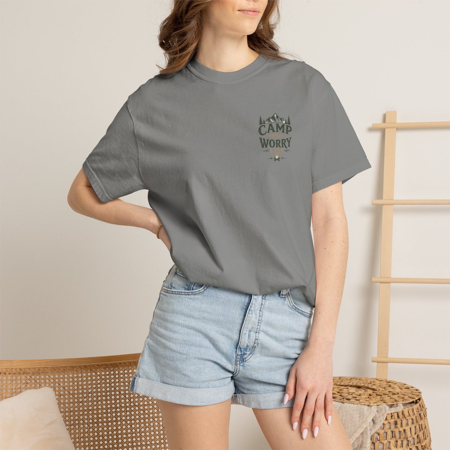 Camp More Worry Less T-shirt | Camping Mountains Pine Trees Design