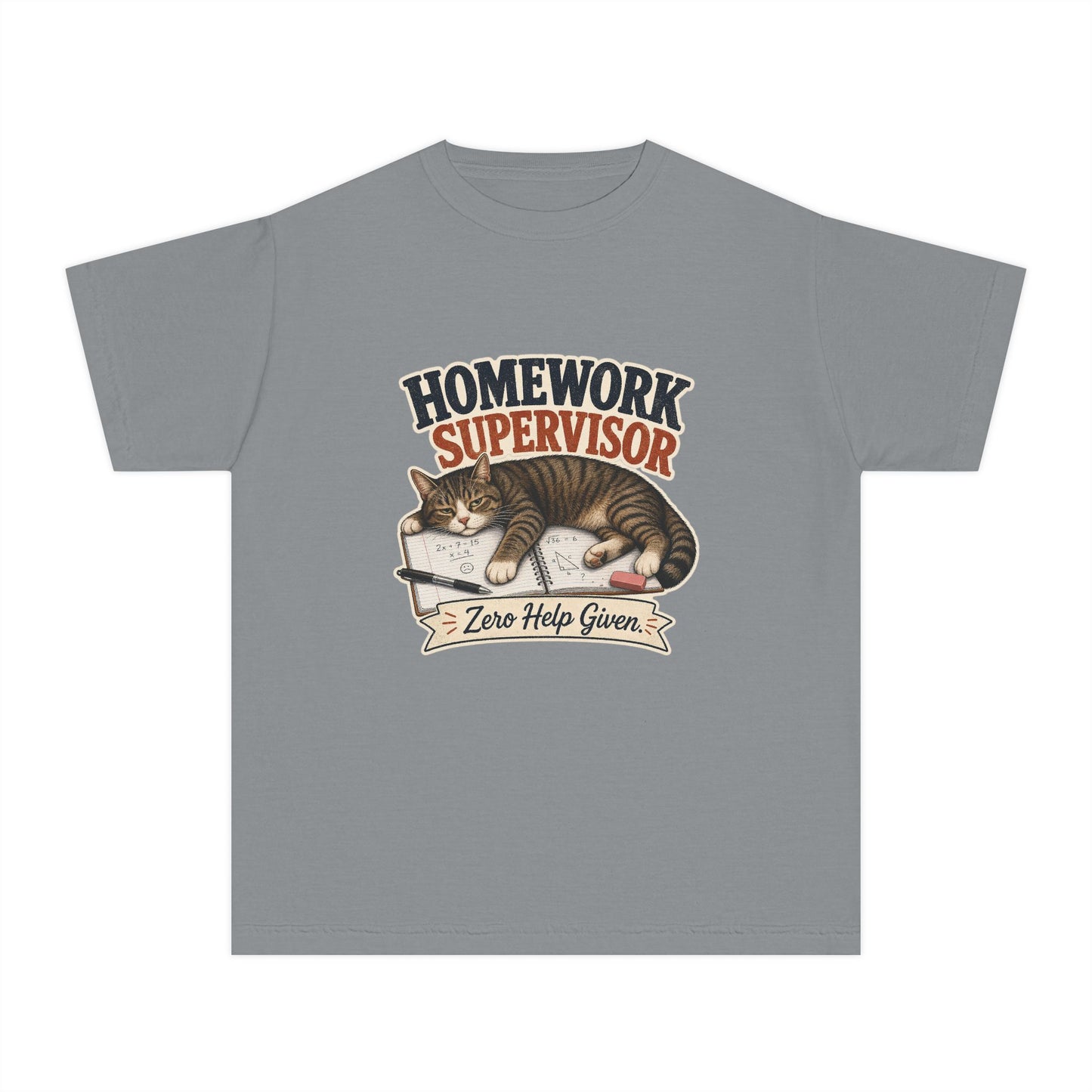 Homework Supervisor Cat Youth Tee | "Zero Help Given" retro kitten design